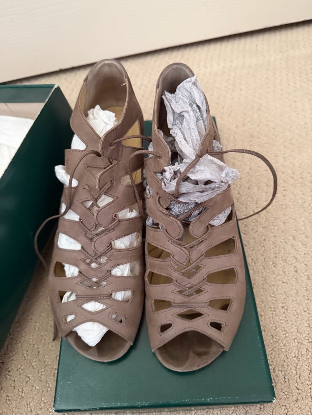 Paul Green Taupe Prague Cutout Lace-Up Peep-Toe Heels